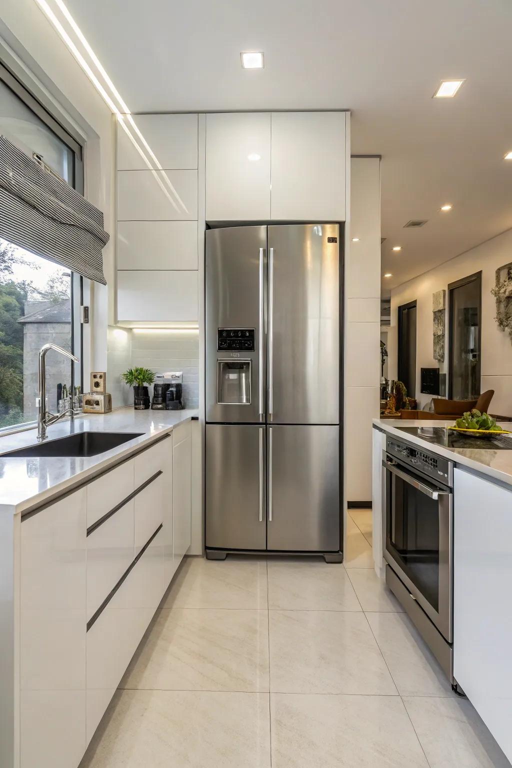 A modern kitchen showcasing a sleek stainless steel refrigerator.