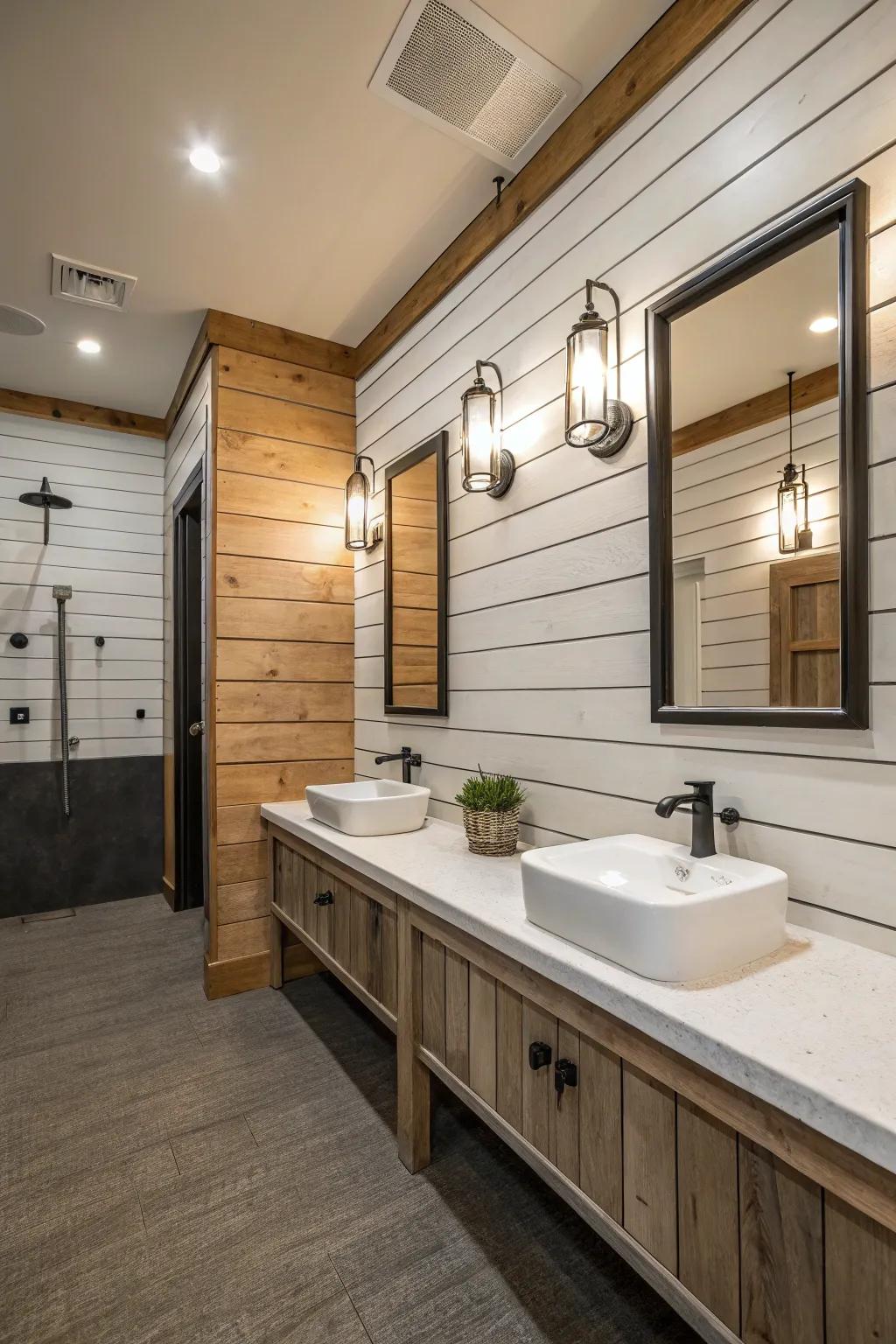 Plank walls introduce warmth and texture to a contemporary restroom.