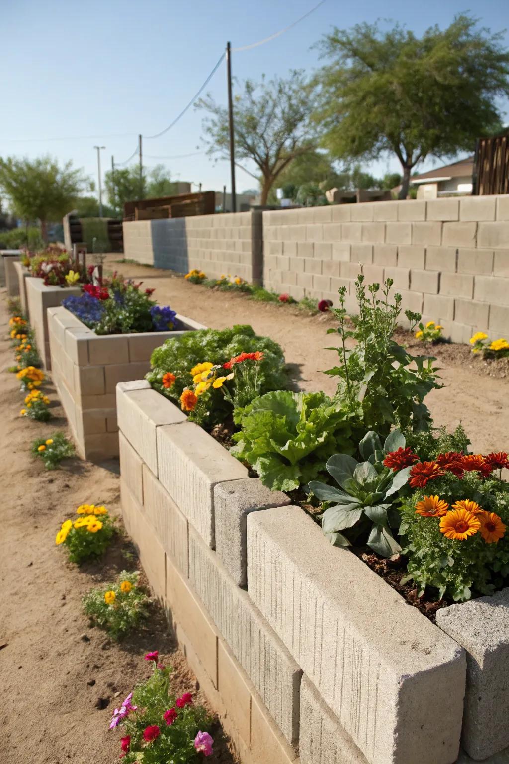 Elevated plant beds built from garden border blocks, bursting with colorful flowers and veggies.
