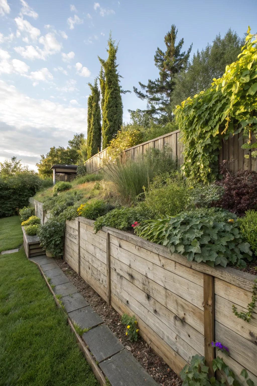 Wooden retaining walls infuse warmth and a naturally appealing essence.