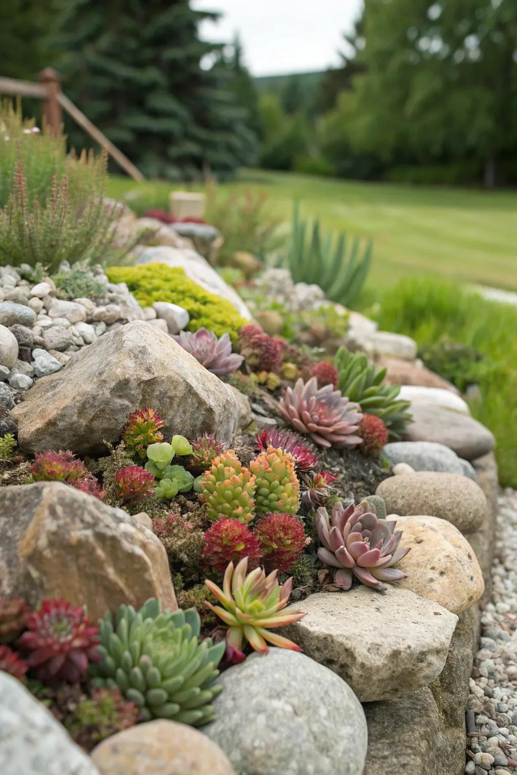 Achieve a stunning garden by blending plants and rocks.