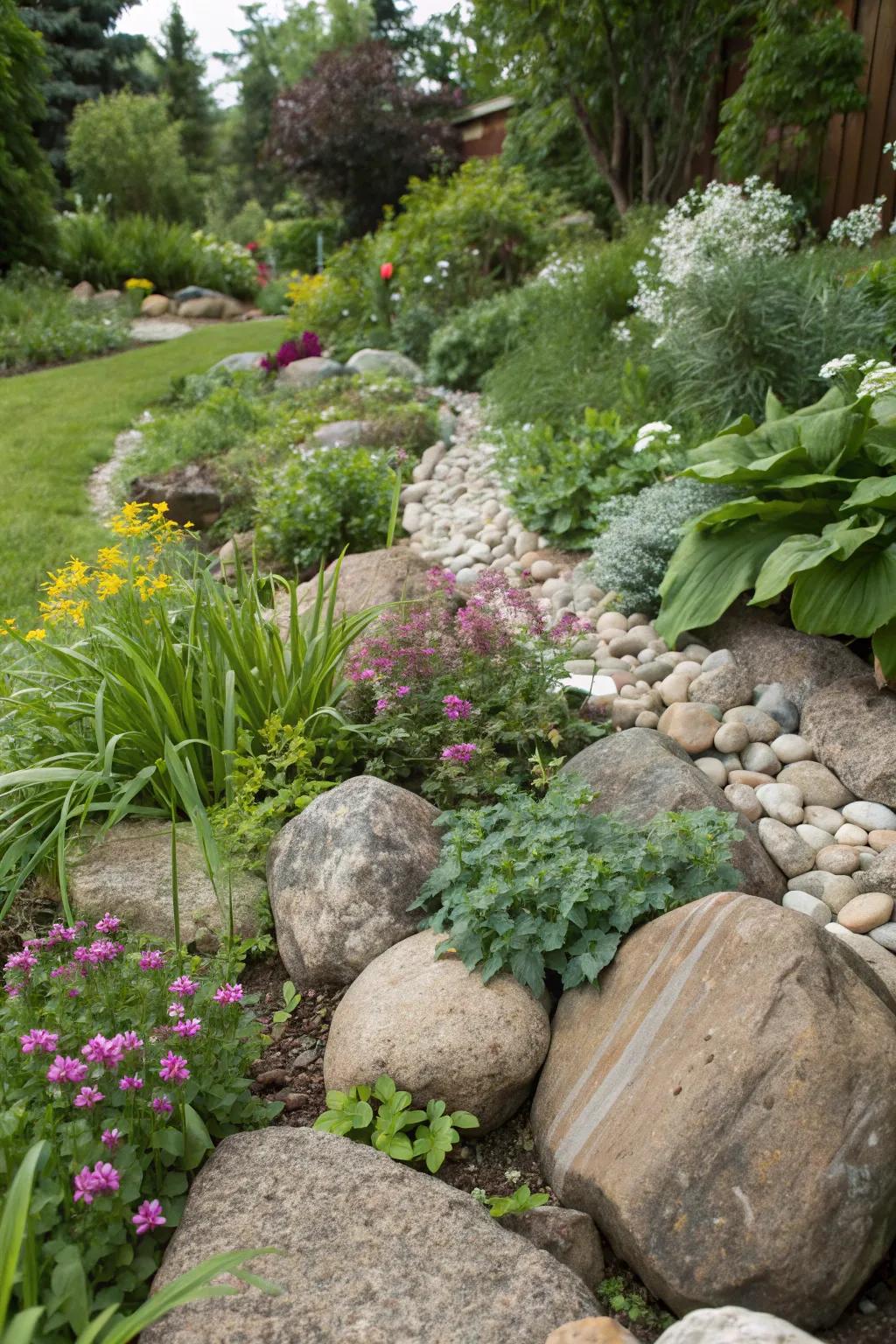 Elevate your stone garden by incorporating various plant species.