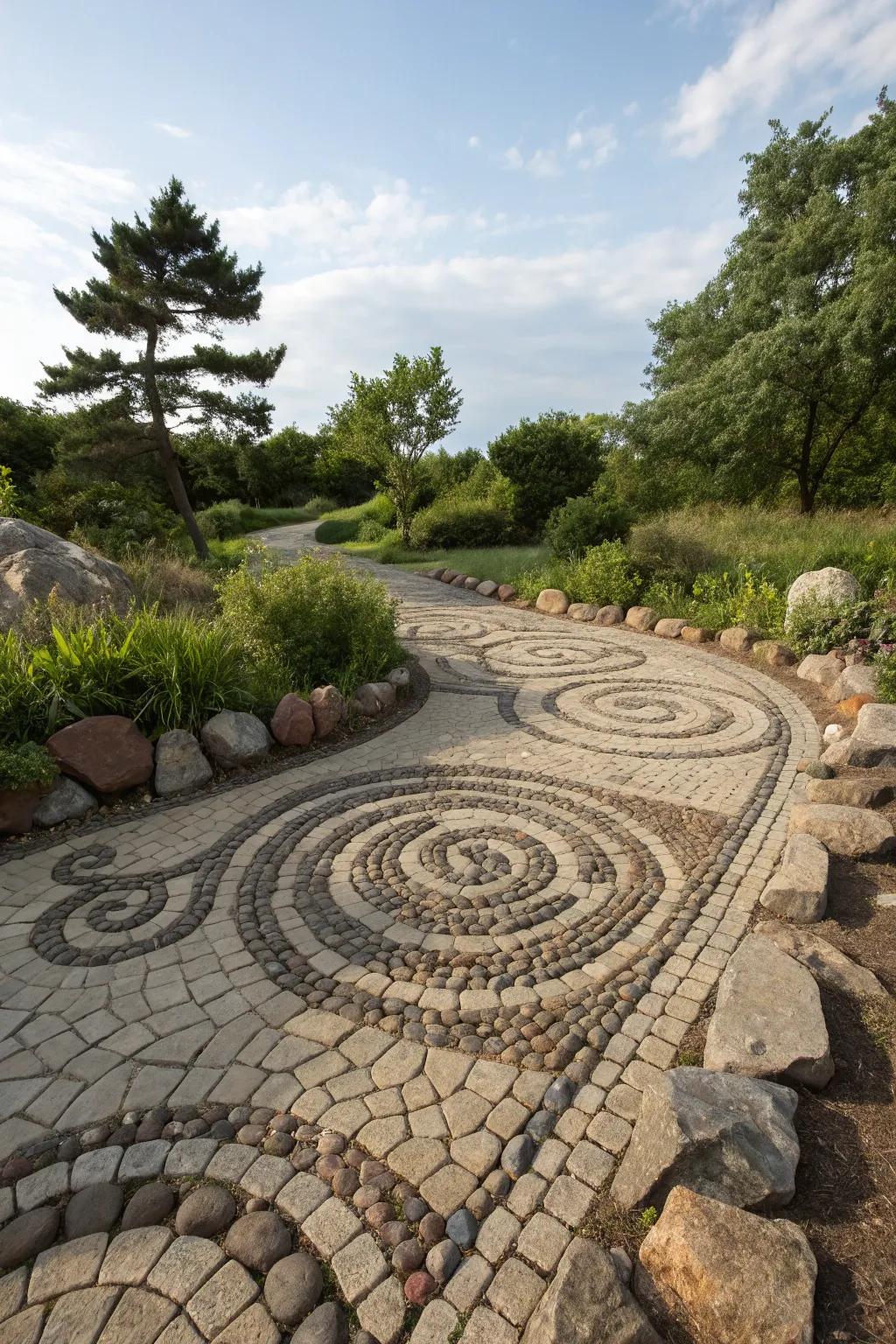 Elaborate stone patterns transform walkways into works of art.