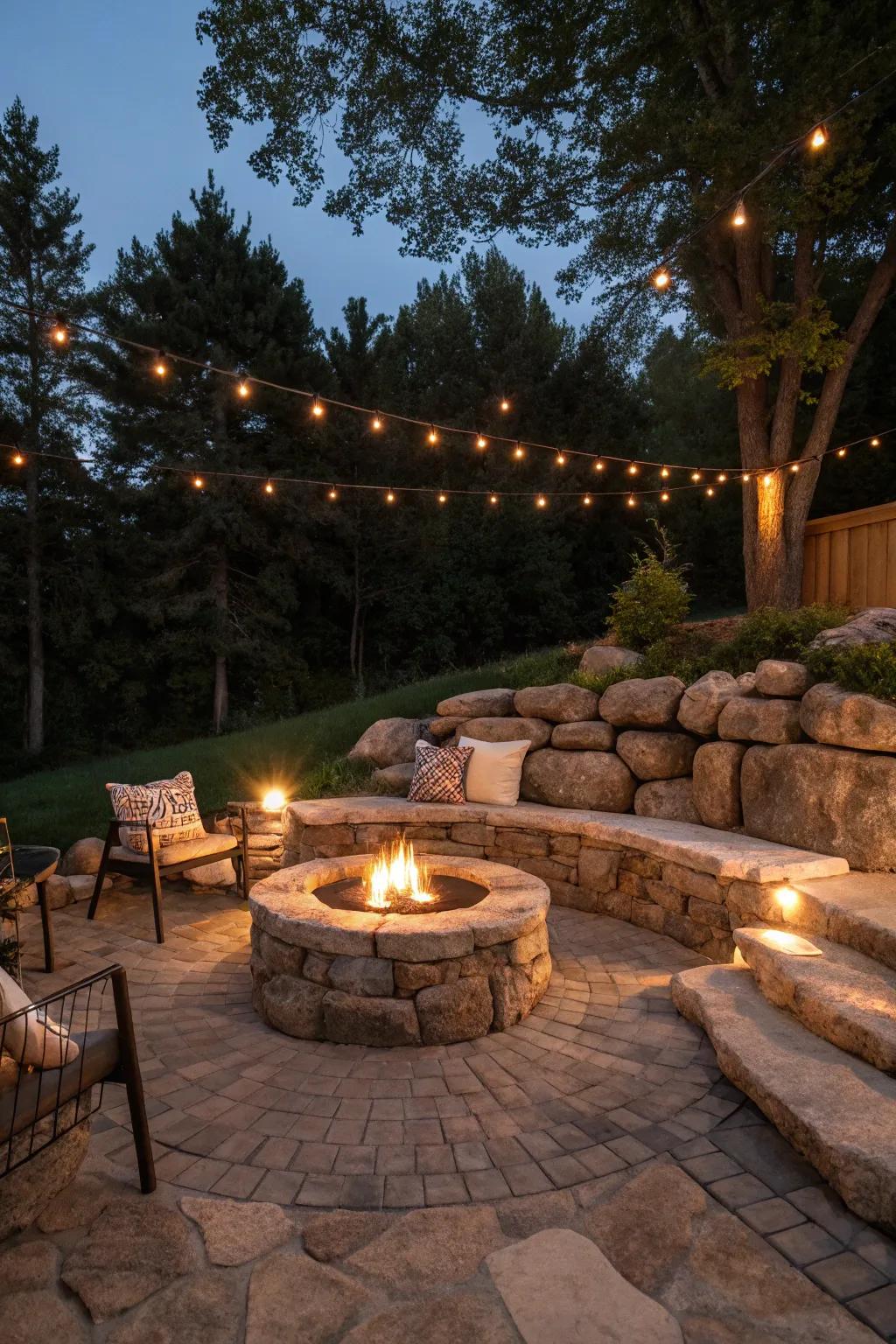 An inviting bonfire area using stone wall seating ideal for evening celebrations.