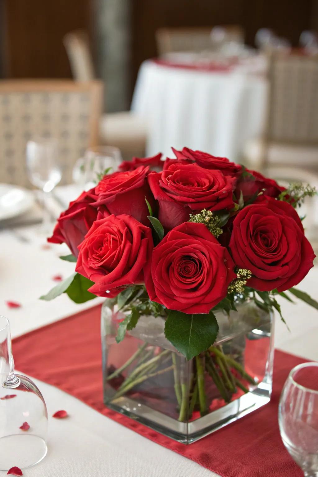 A petite vase with scarlet flowers injects an affectionate flair to your dinner arrangement.
