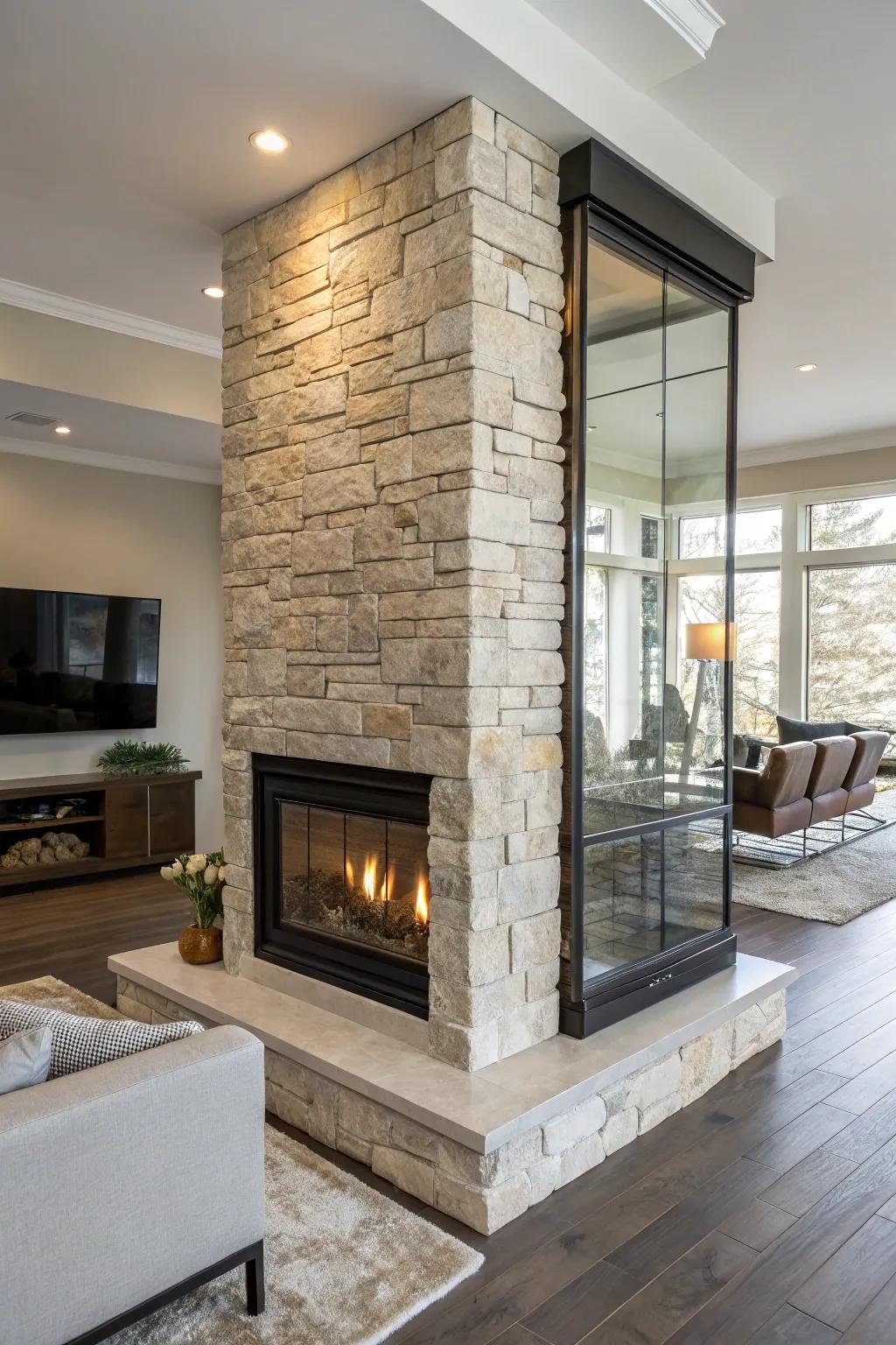 Stone and glass combine for a stunning room-divider fireplace.