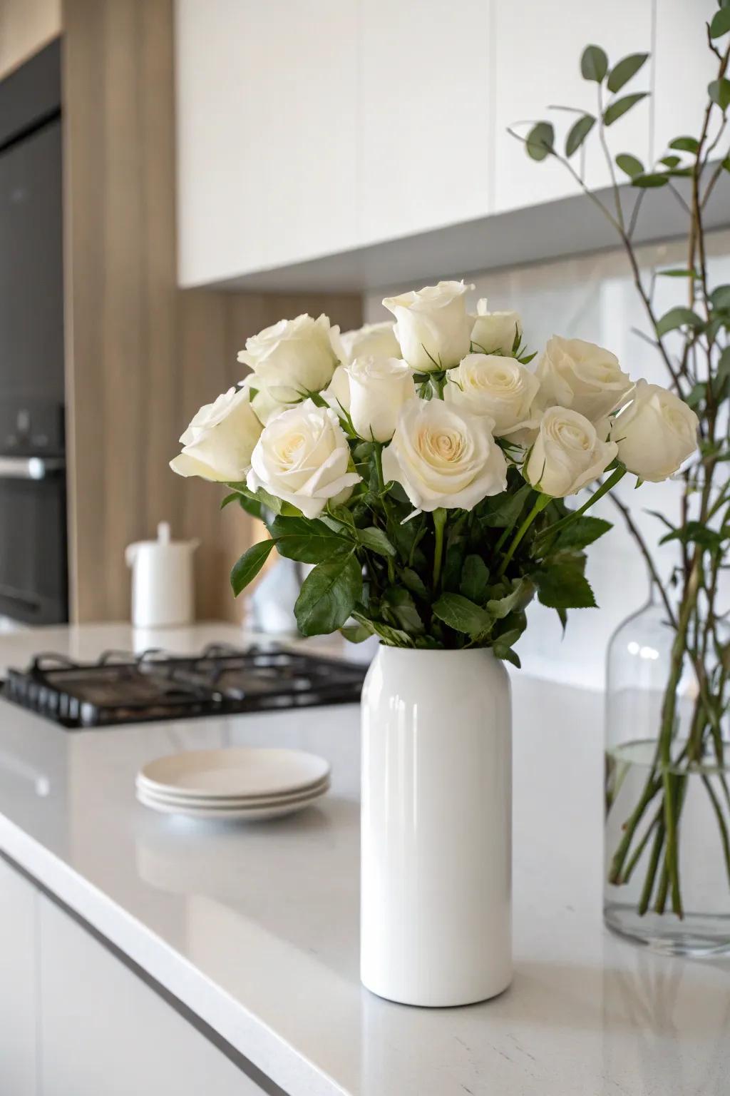 Minimalist white roses, reflecting a pristine and modern style.