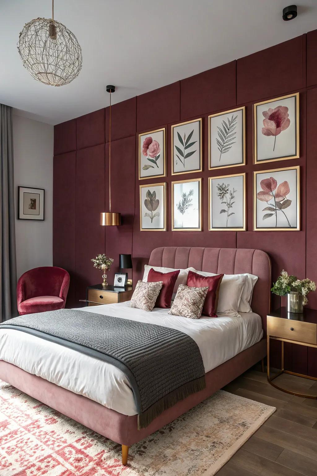 A burgundy feature partition delivers a captivating backdrop for luster ornamental pieces.
