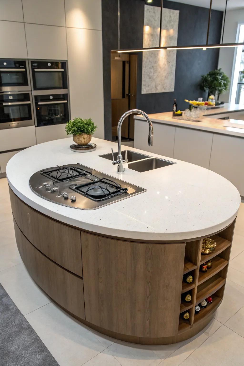 Smooth functionality with integrated appliances in a circular island.
