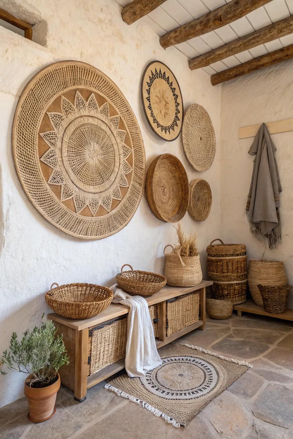 A country themed room featuring circular woven wall decorations created from organic materials.