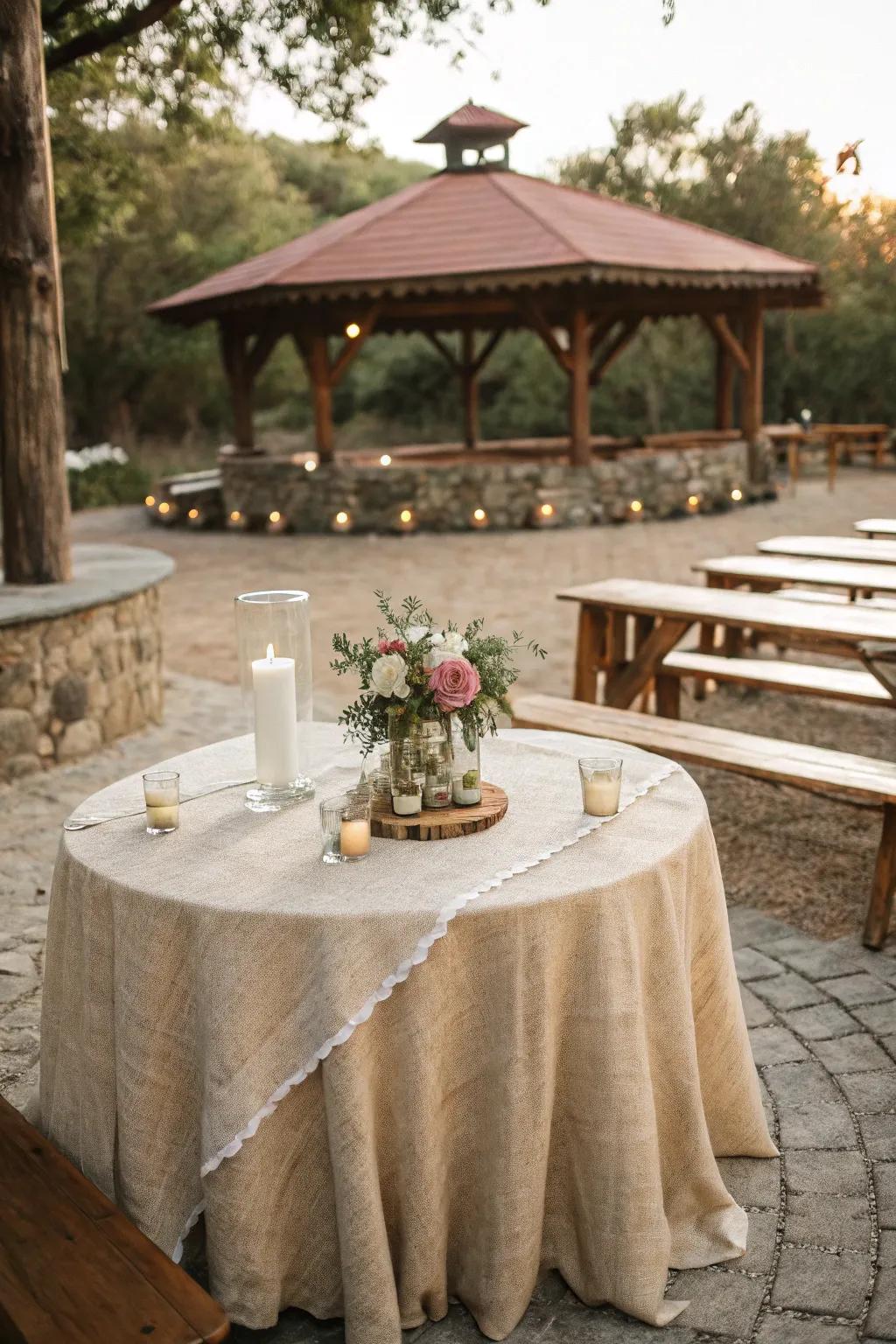 Countryside charm using a jute table covering at an outdoor wedding.