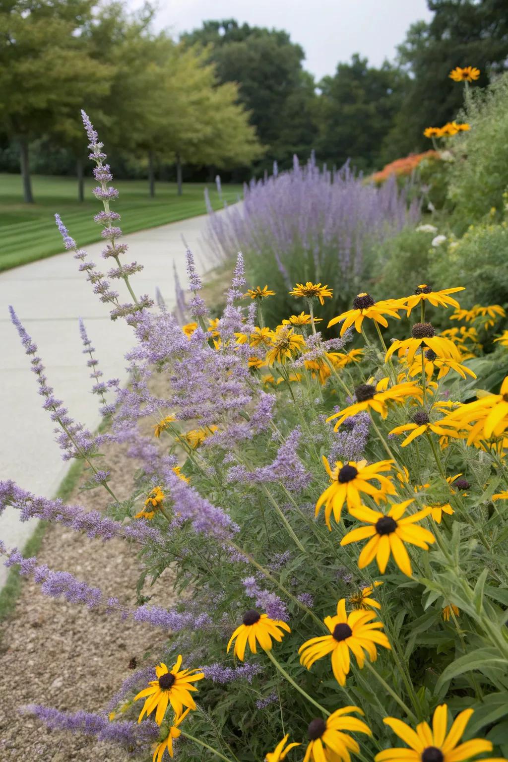 A joyful garden combination of azure blooms with sunny goldstar flowers.