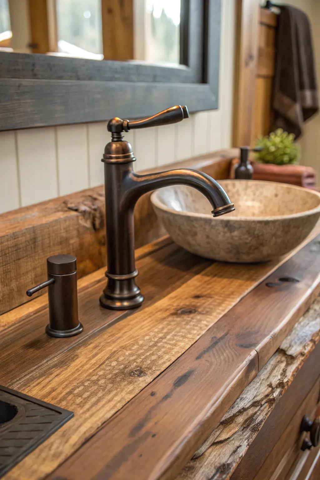 Bronze-toned water spouts blend seamlessly with rustic decor.