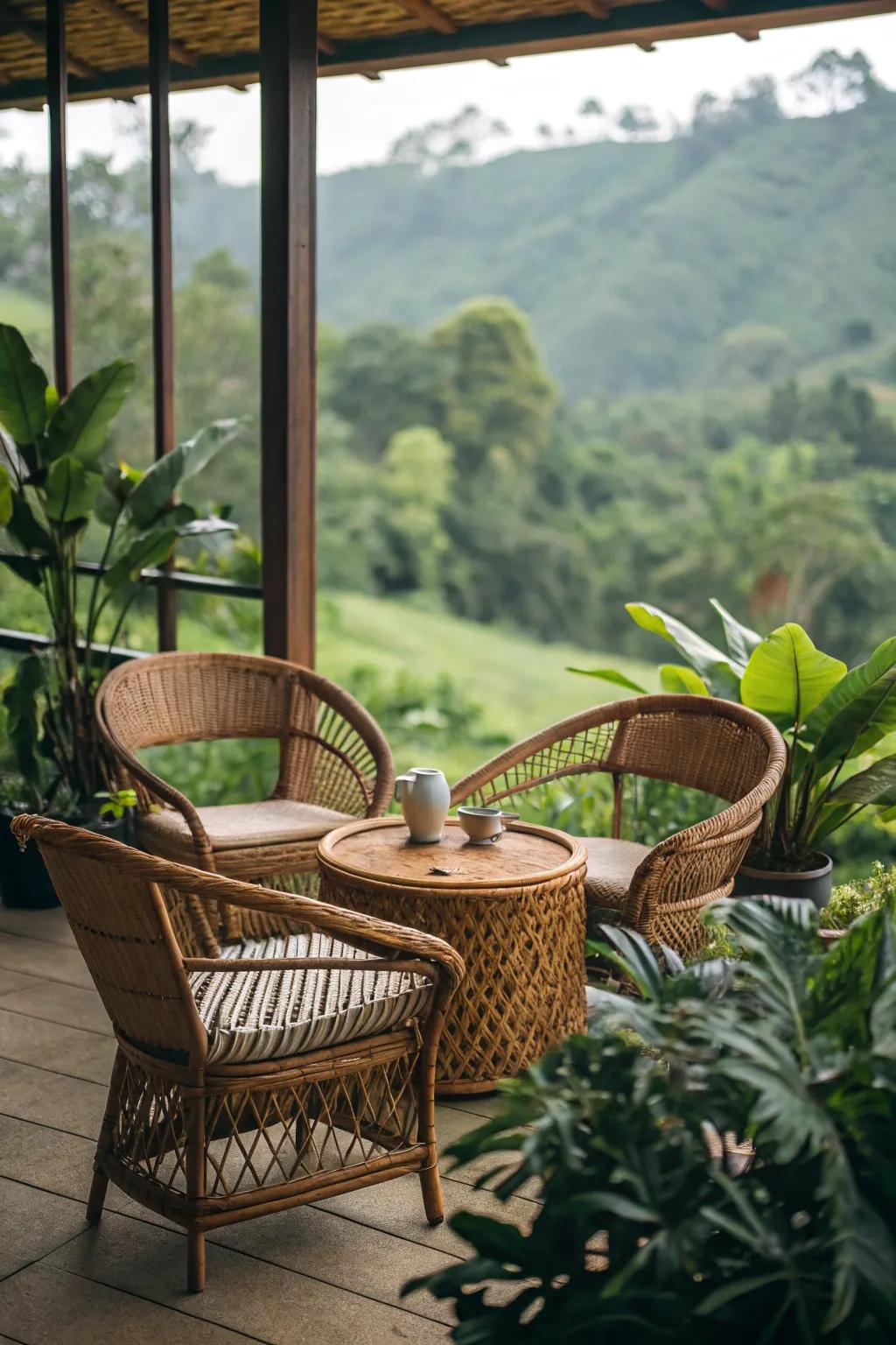 Elements of rattan and wicker bring an airy, organic vibe to the space.