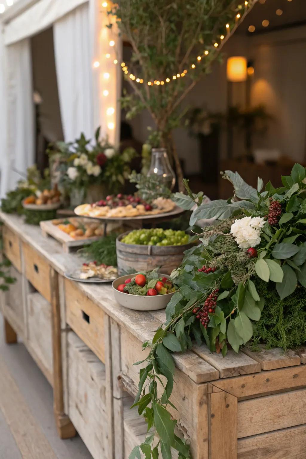 Greenery enhances the natural appeal of this country-style buffet arrangement.