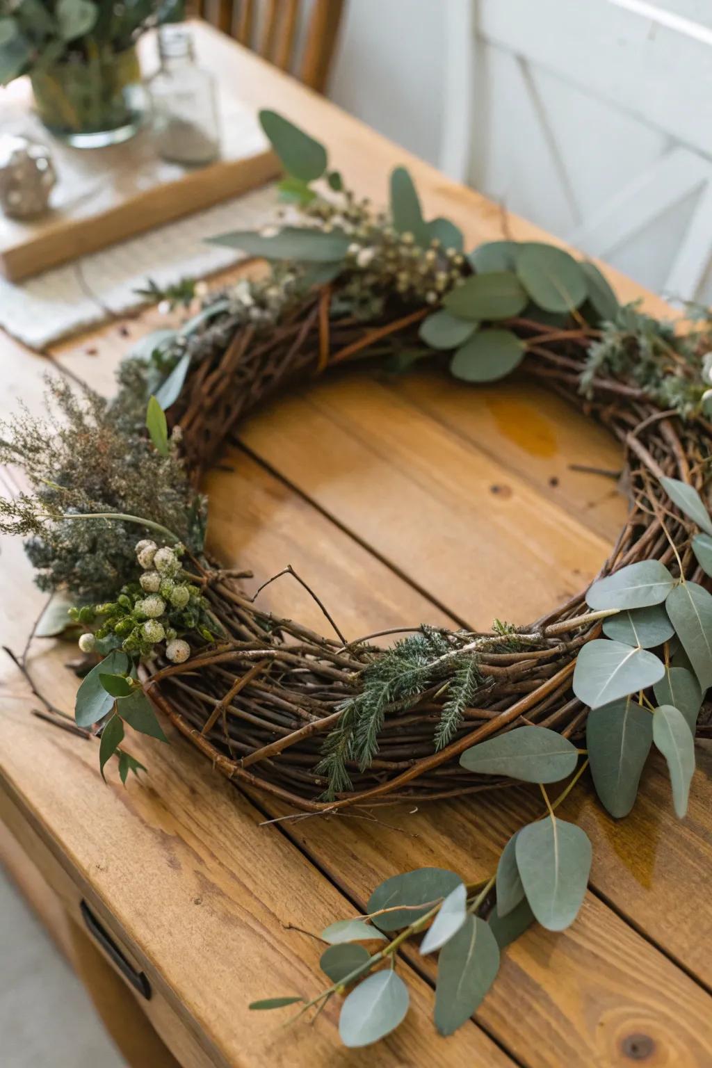 Eucalyptus brings elegance and scent to this rustic wreath.