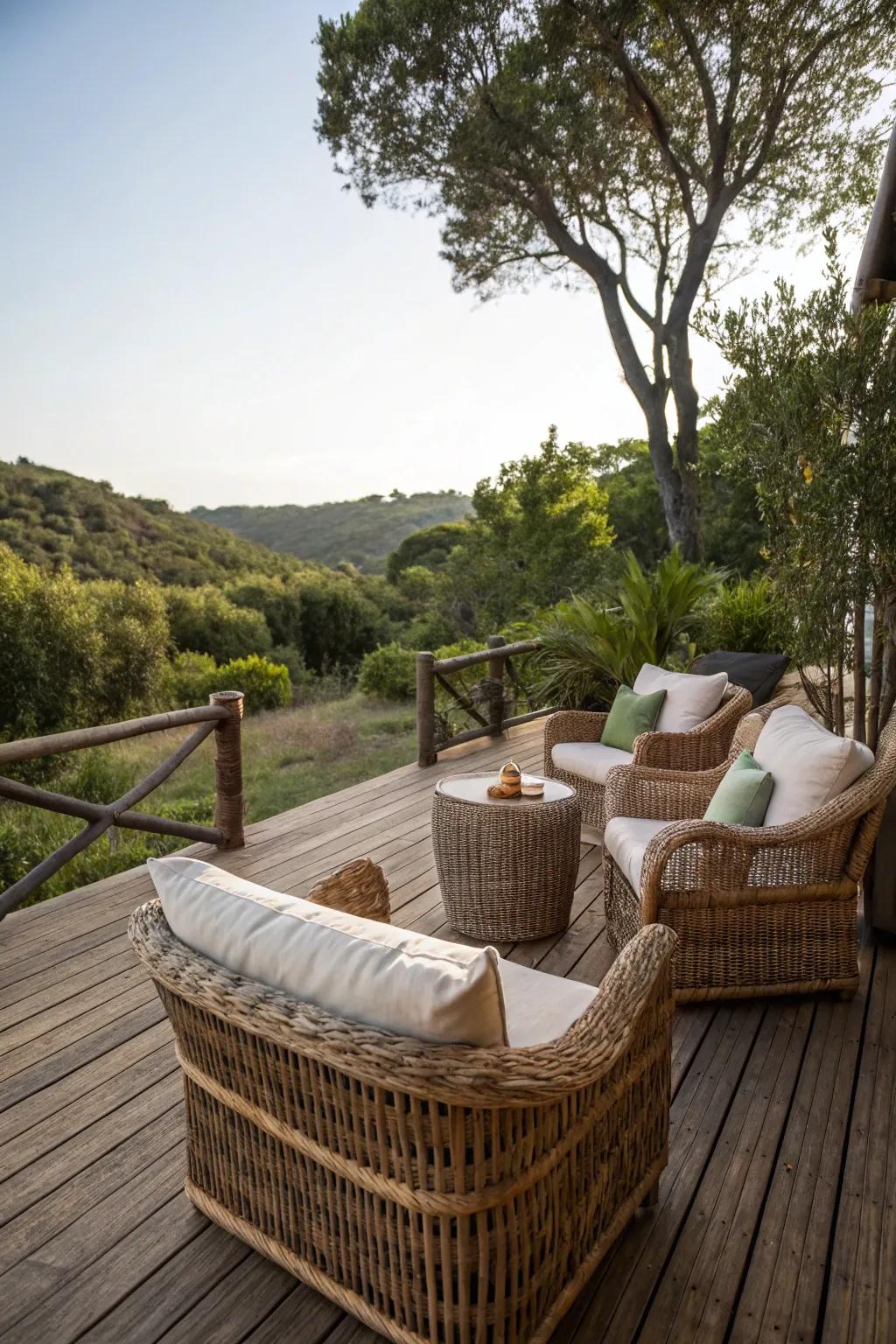Luxurious cushions and wicker furniture enhance the cozy vibe of this deck.