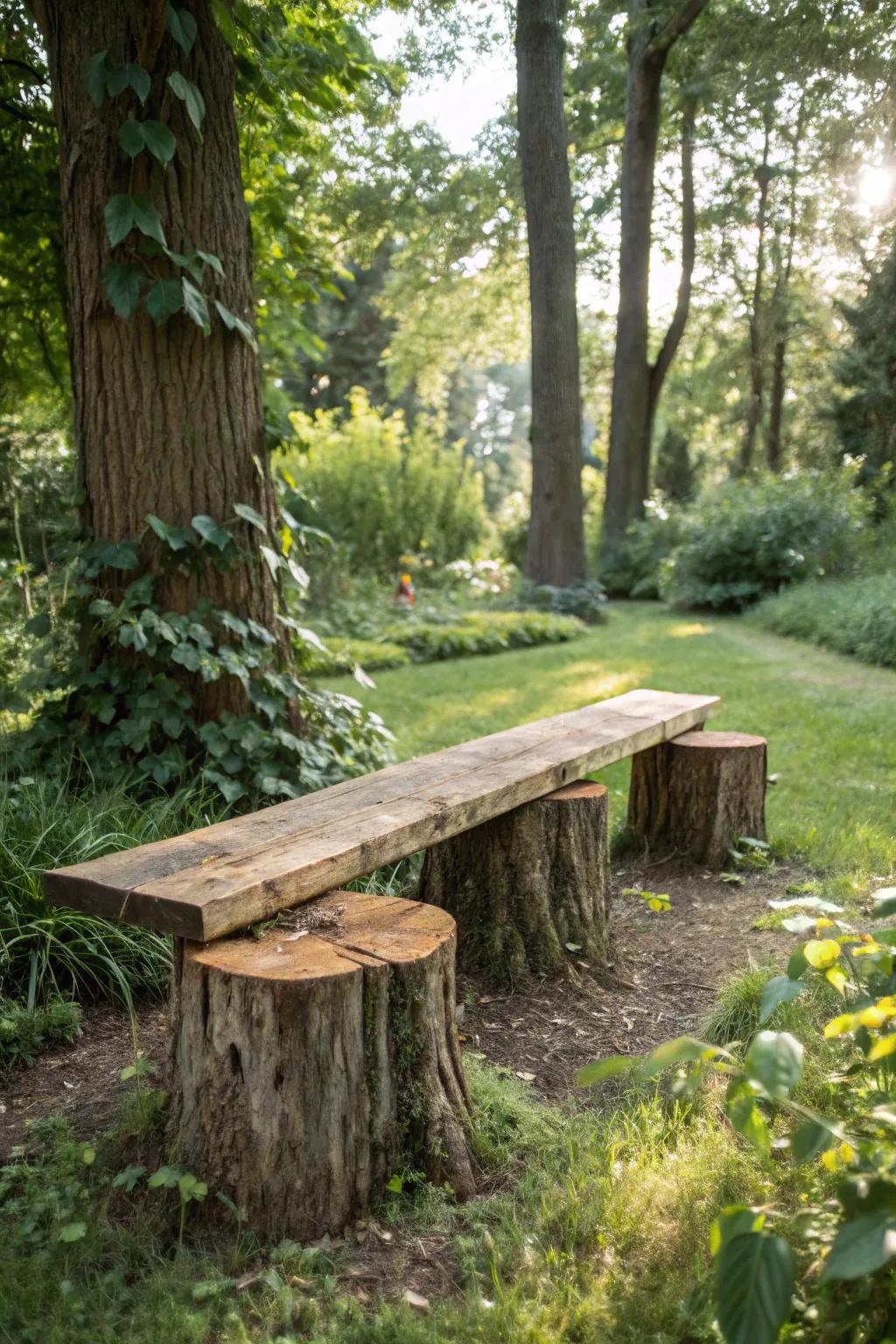 A creative application of tree bases as the foundation for a country-style garden seat.