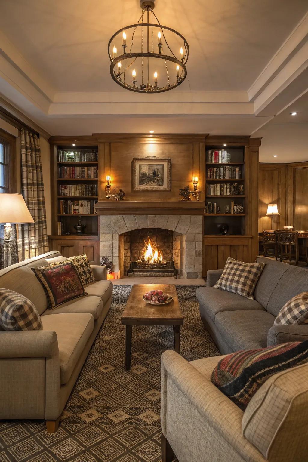 A snug lounge spot centered around a rock hearth, ideal for relaxation.