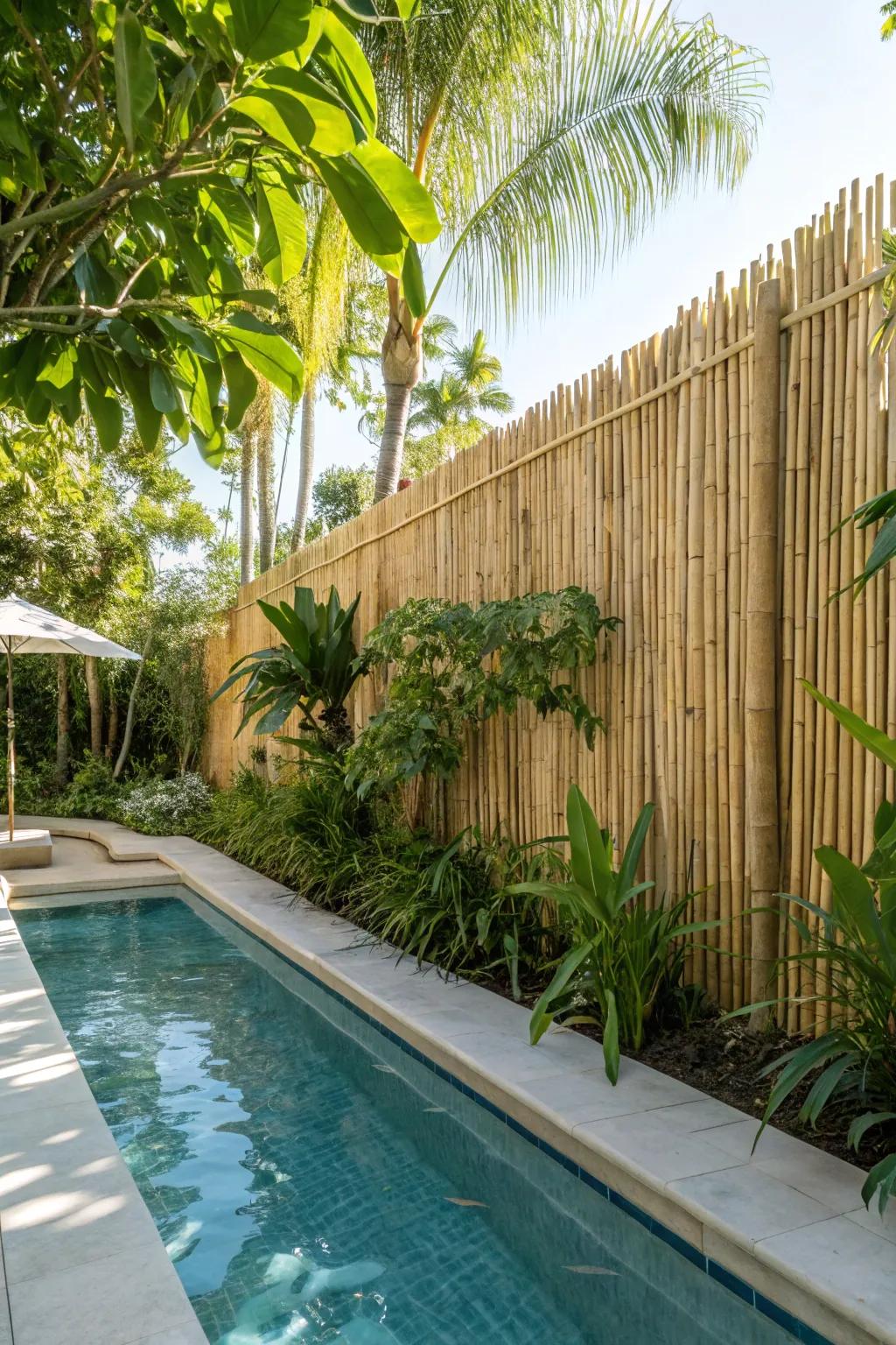 A cane barrier providing a tropical vibe around the pool.