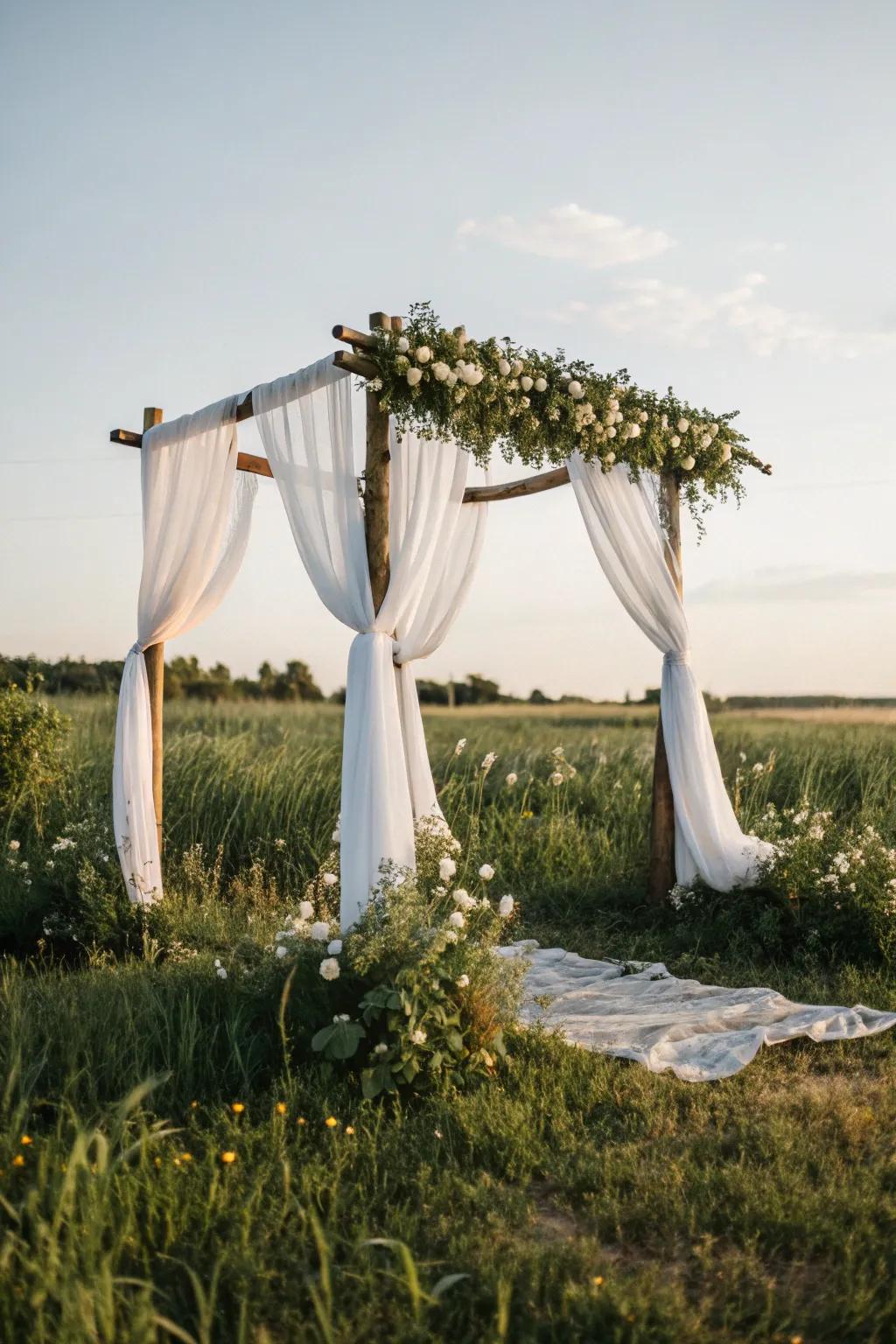 A sophisticated arch adorned with delicate textile, perfect for an idyllic outdoor ceremony.