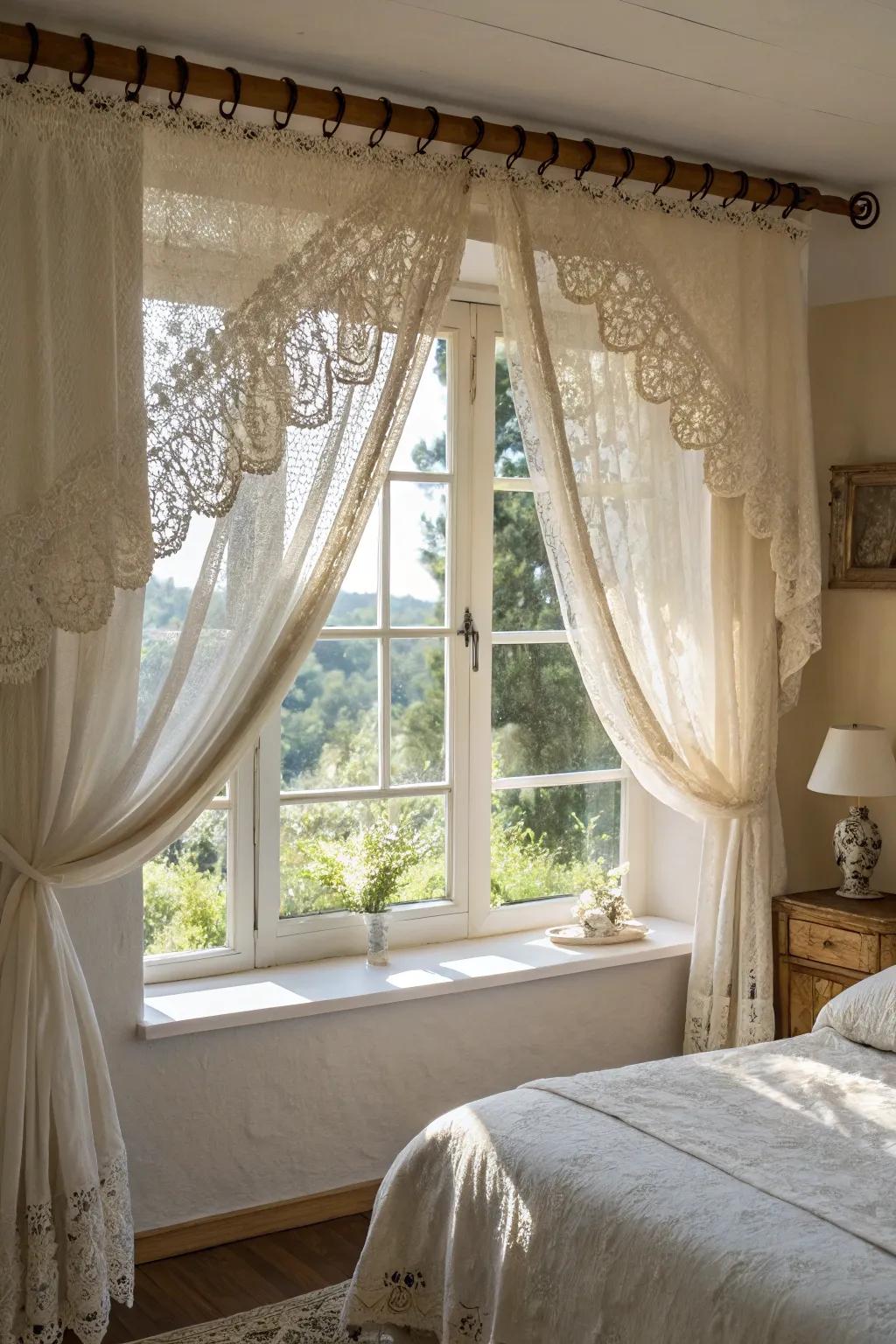A serene boudoir featuring a delicate net and flax valance that delicately filters natural daylight.