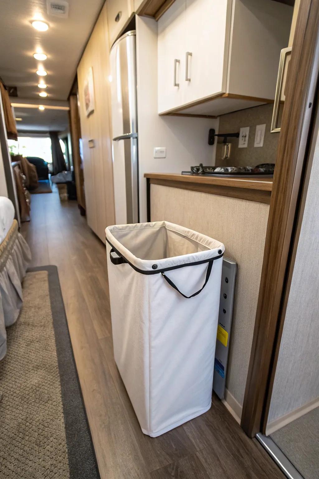 A slim hamper fitting perfectly into a narrow space in an RV.