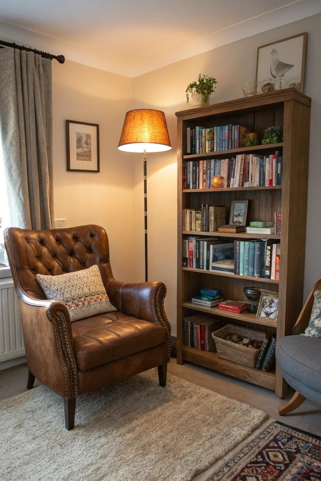 An equestrian chair fashions the optimal location to relax and enjoy a book.