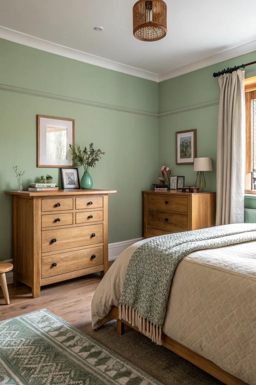 The partnership of sage green and inherent grains culminates in a warm, inviting bedroom oasis.