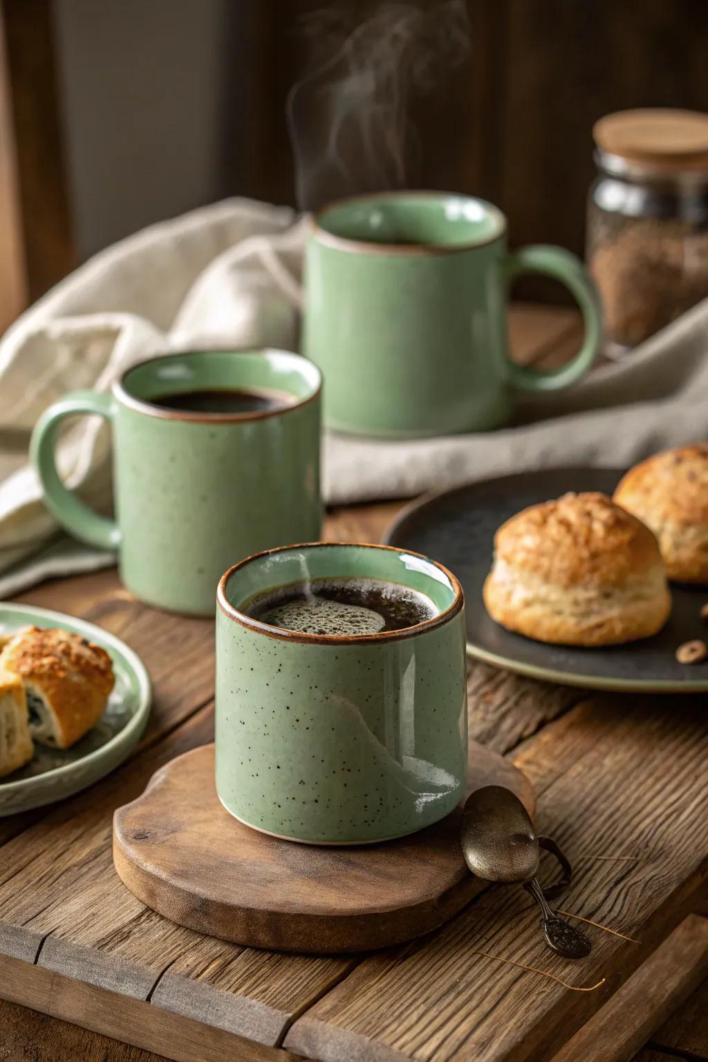 Sage green cups offer a soothing way to start your day.