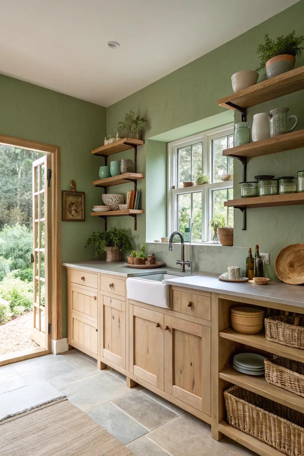 Exposed shelving on green tea walls for a spacious kitchen aesthetic.