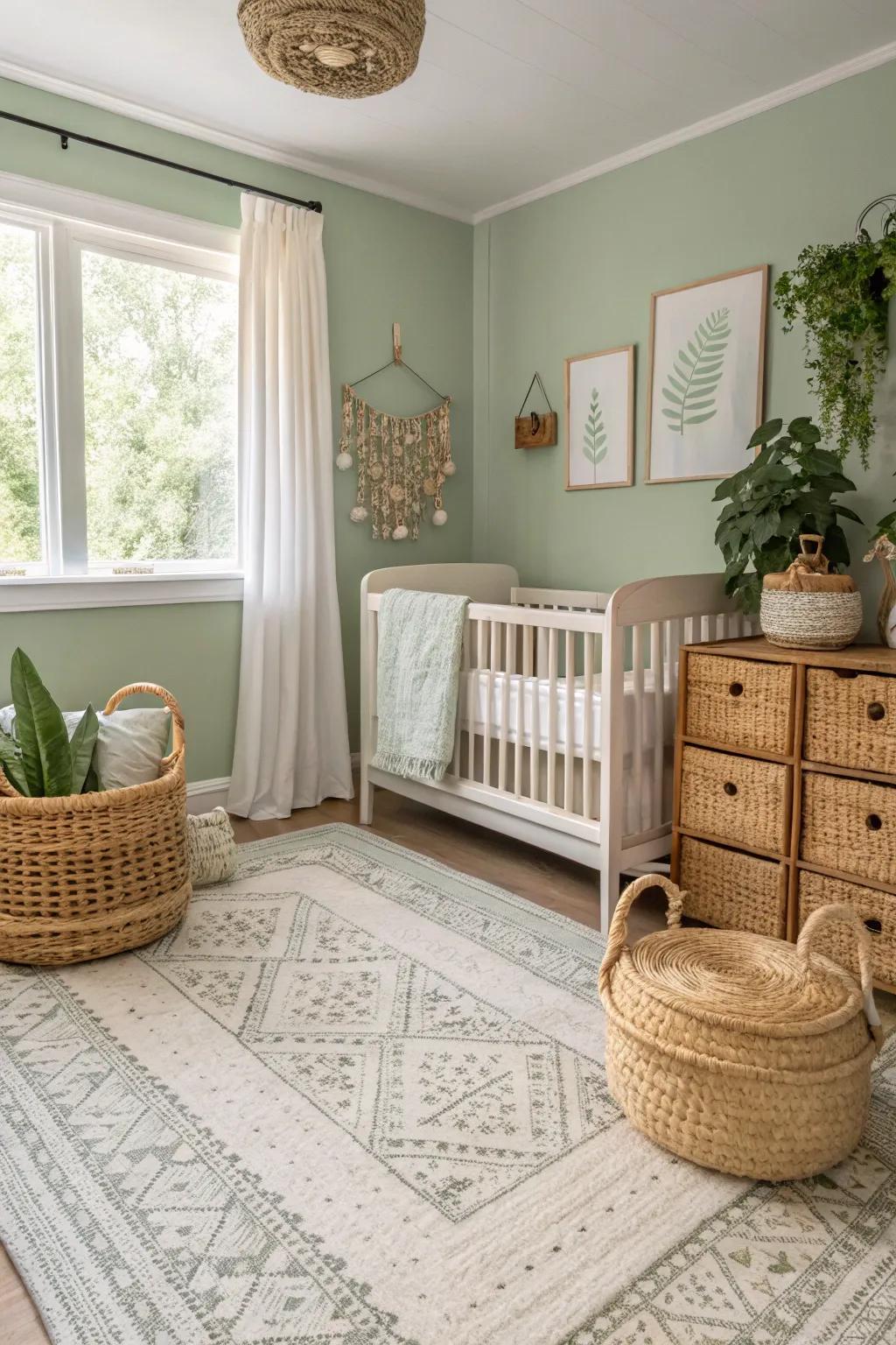 Textured decor adds warmth and interest to a soft leaf green nursery.