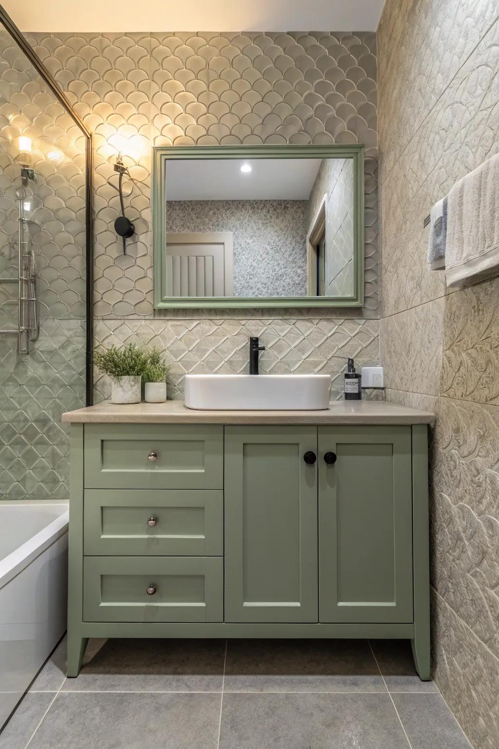 A bath space displaying a willow tint vanity with detailed stone tiles and gentle fabrics.