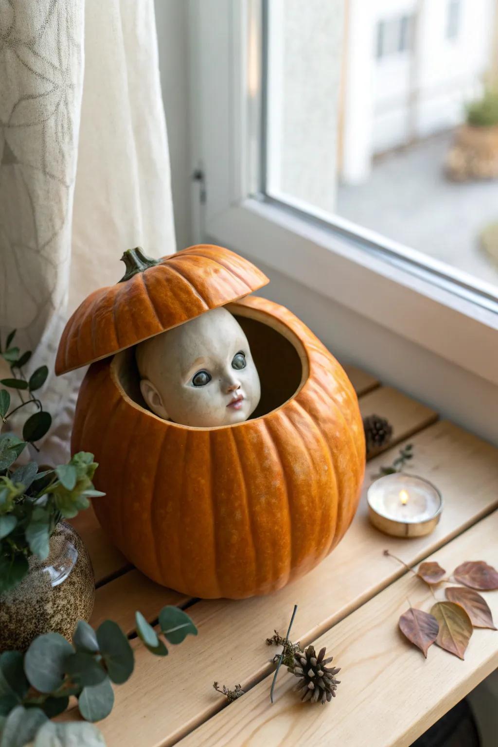 Unexpected Beauty: A hauntingly exquisite spin on pumpkin carving that merges minimalist appeal with a hint of the eerie.