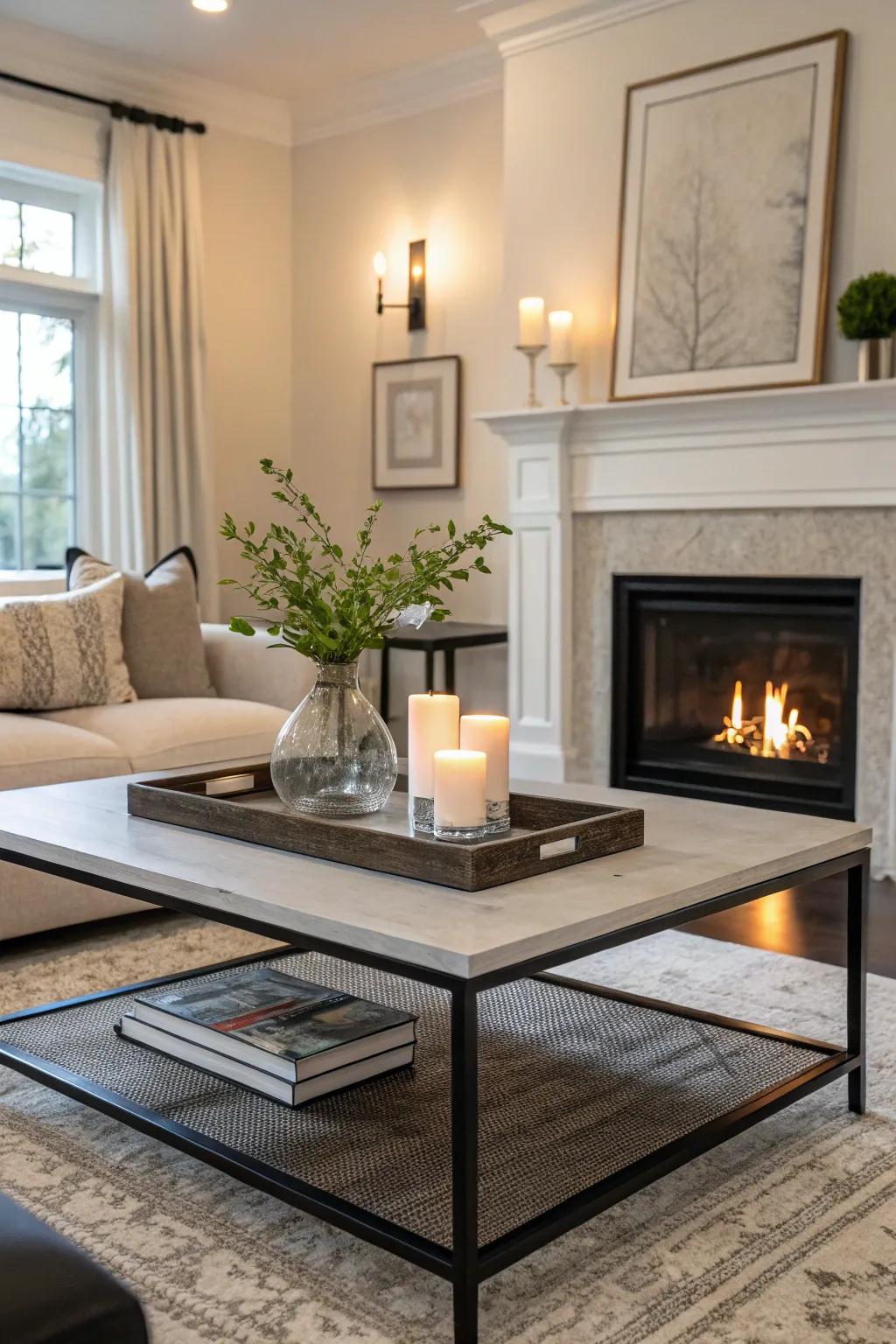 A useful center table fashions a hospitable center in front of the fireplace.