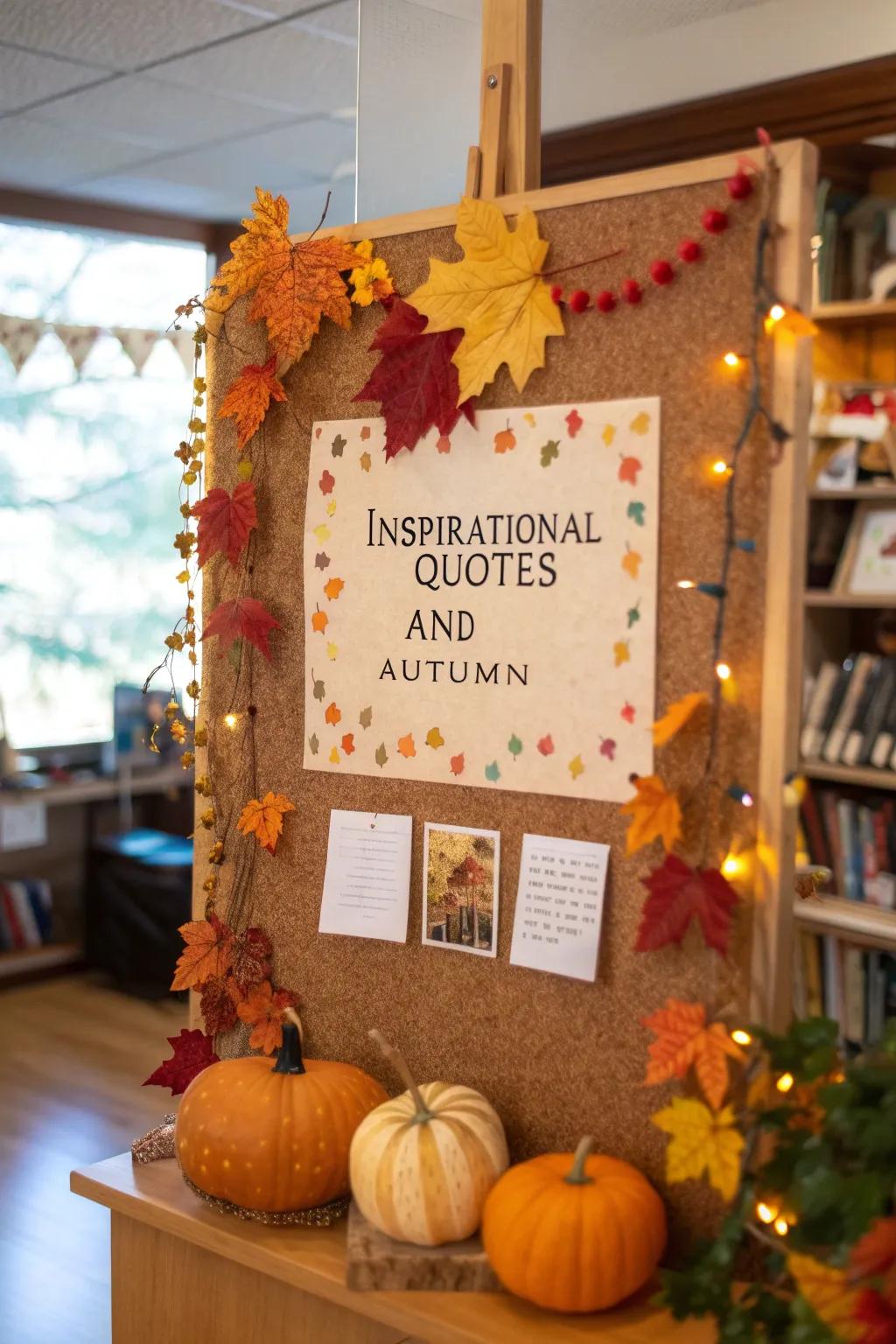 A bulletin board adorned with autumn-themed inspirational quotes.
