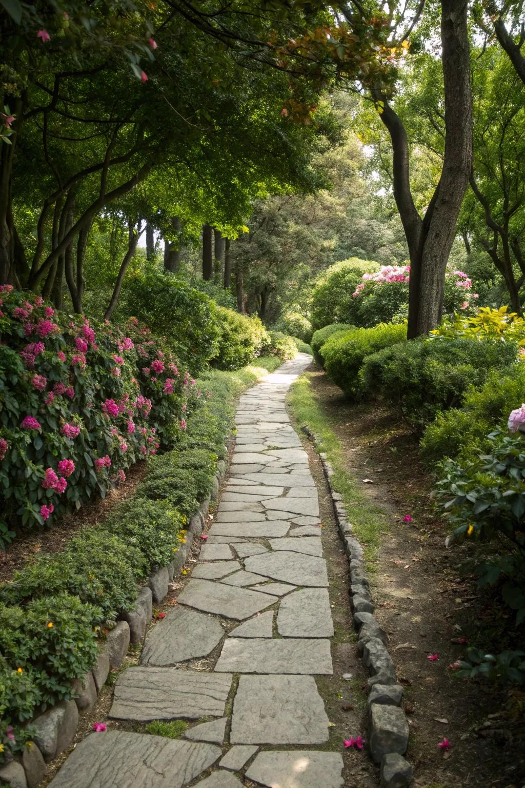 Alluring stone trails bordered by lavish greenery.