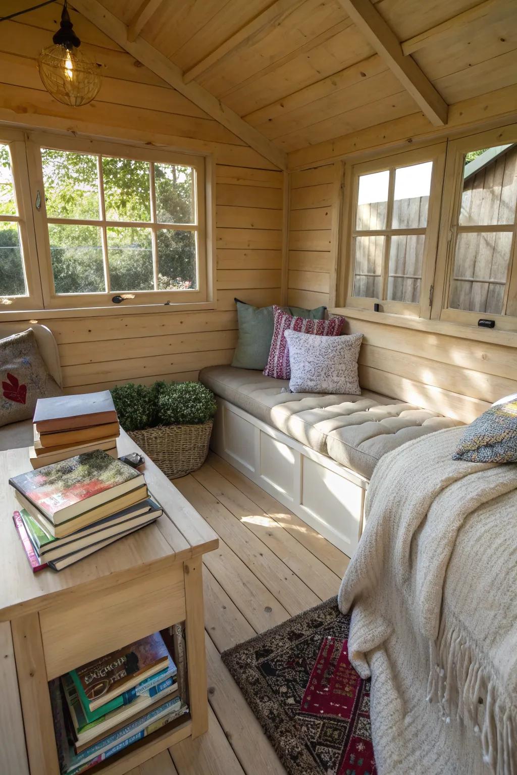 A comfortable reading corner inside a garden shed.