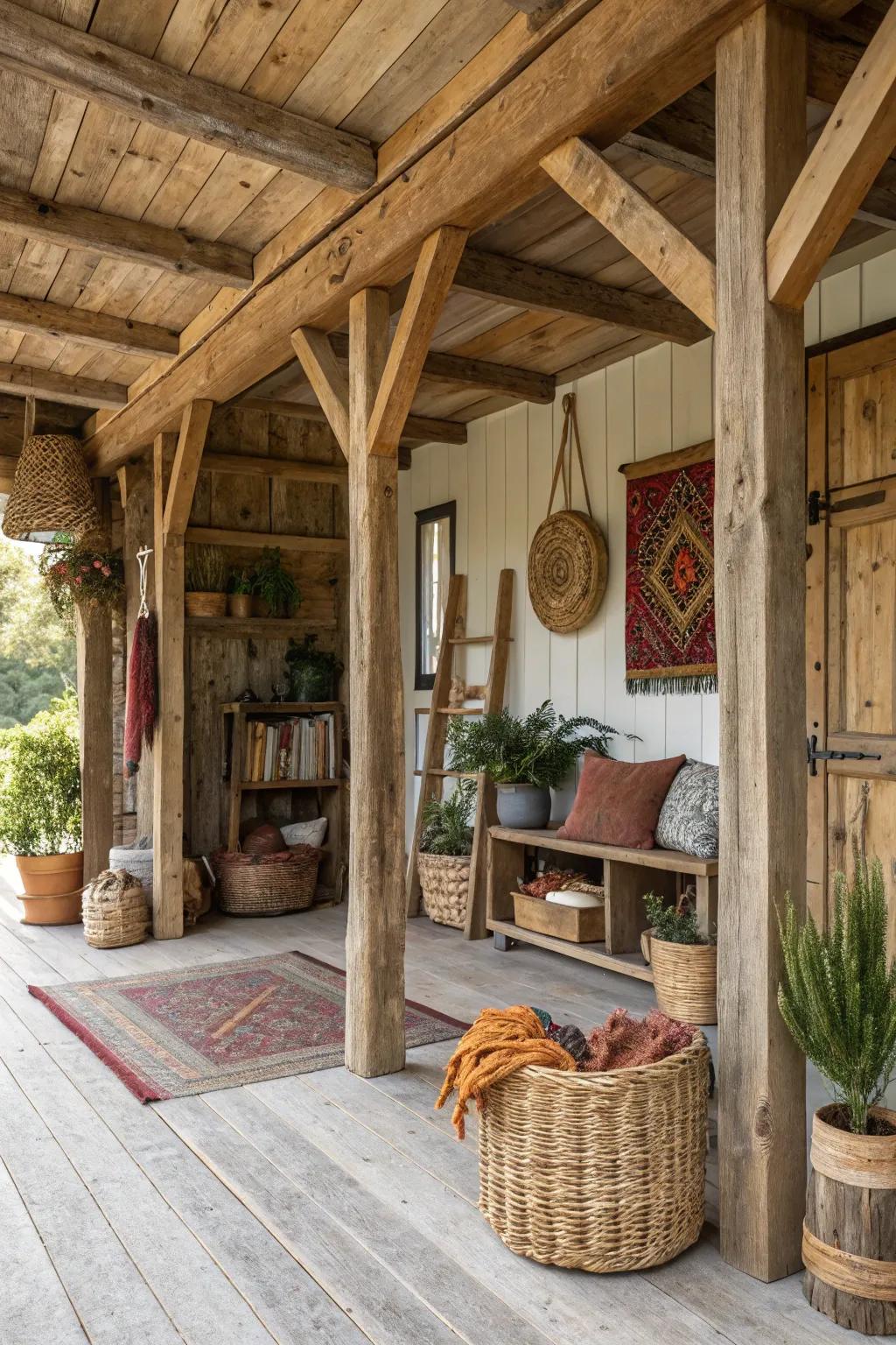 A rustic shed home interior showcasing timber accents and earthy décor.