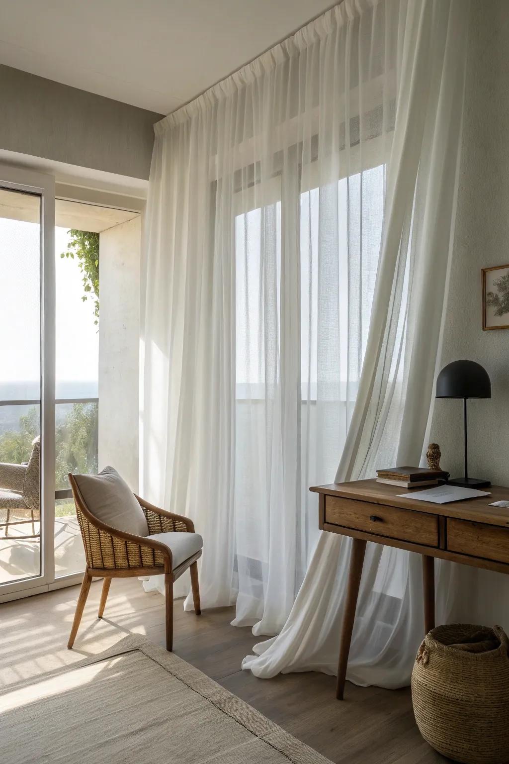 Subdued gossamer panels seamlessly integrate within minimalist decor, building an understated refinement.