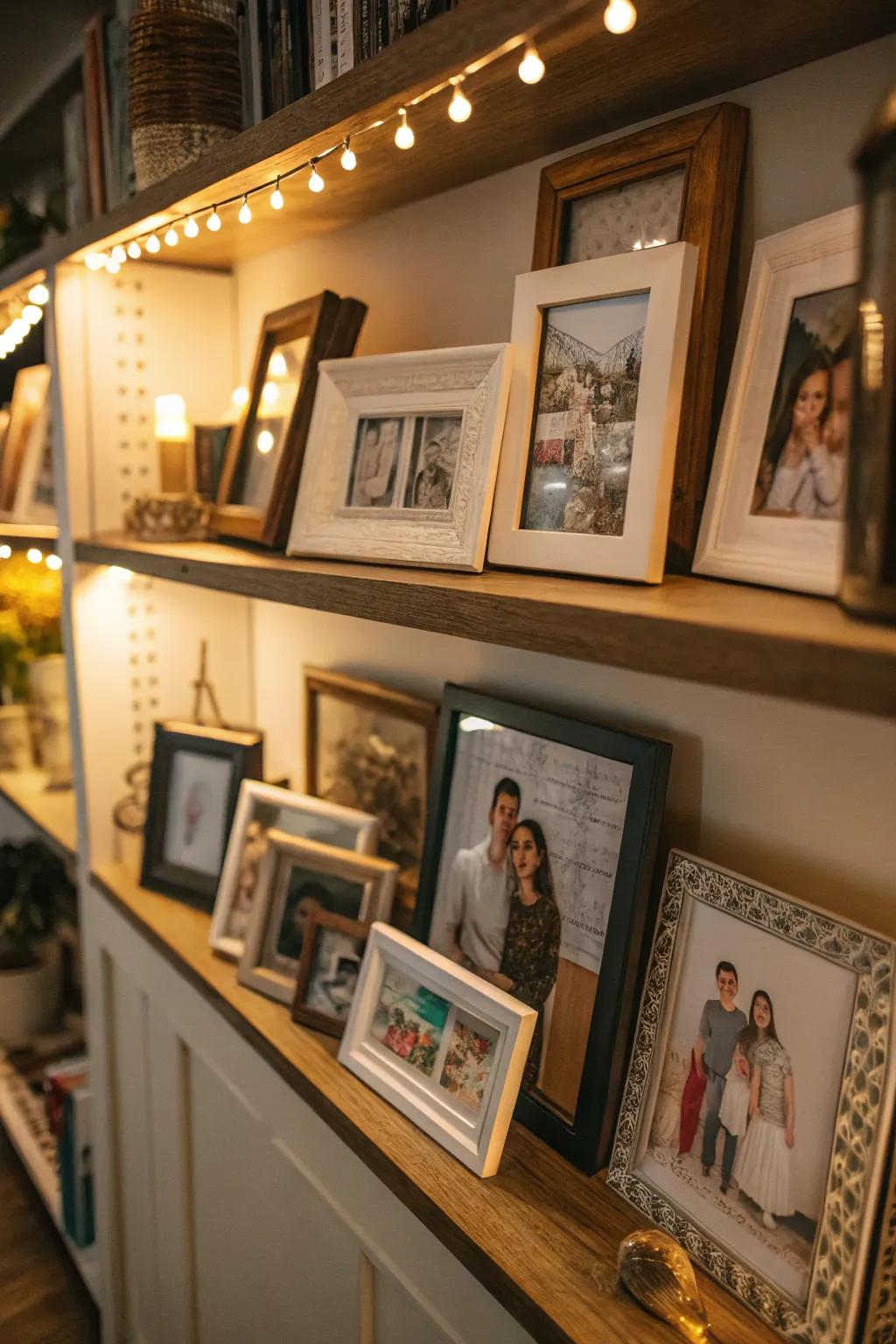 A shelf enriched with framed family photos and art pieces for a bespoke feel.
