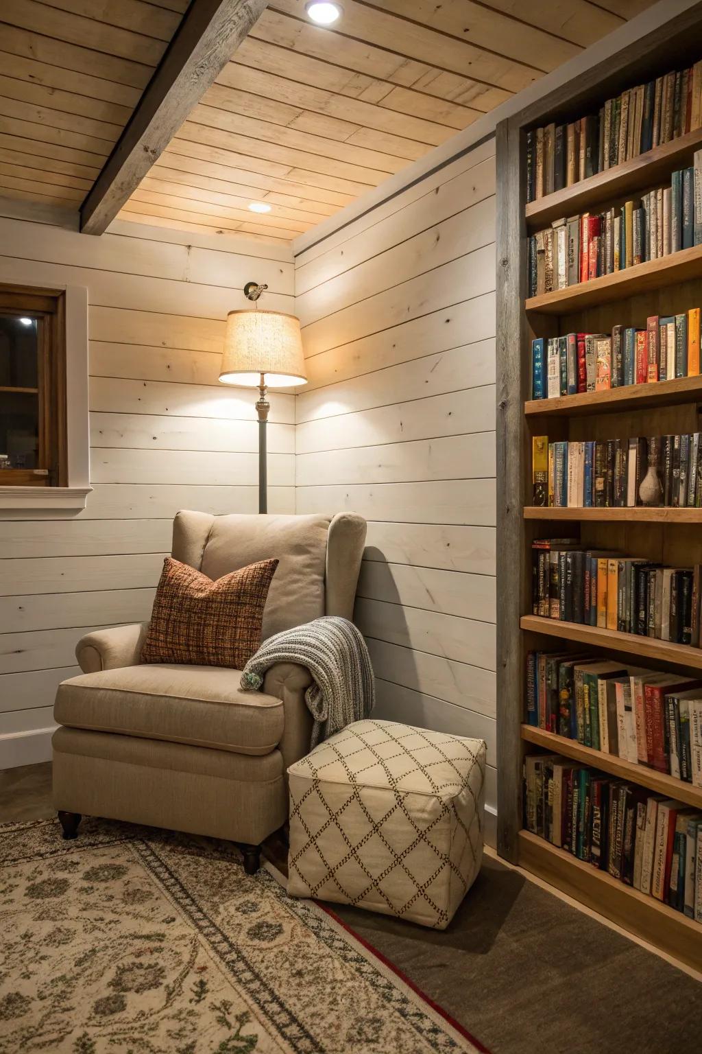 A paneling reading corner situated in the basement, complemented by a deluxe chair.