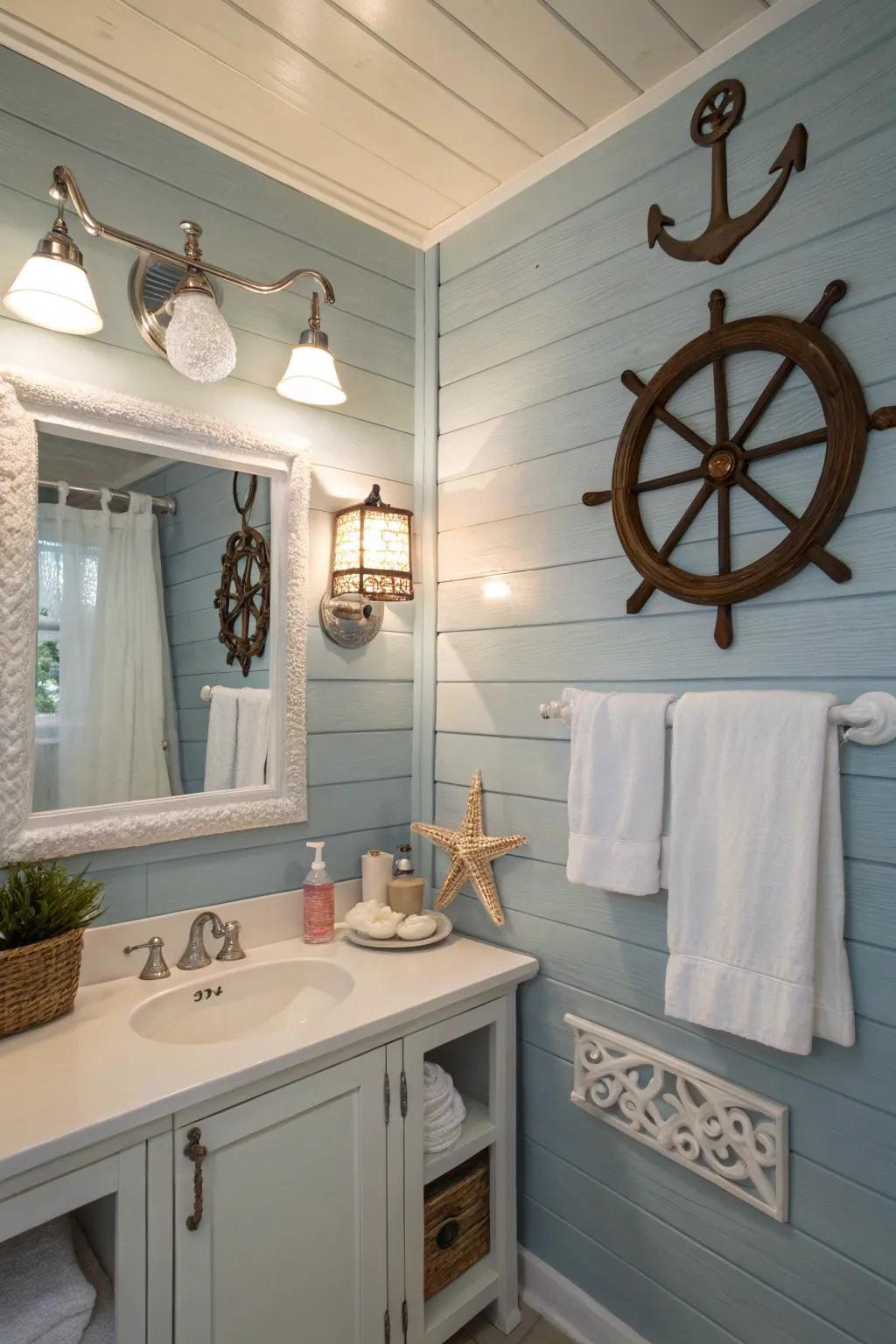 A bathroom showcasing gentle azure plank-clad walls and seaside decor.