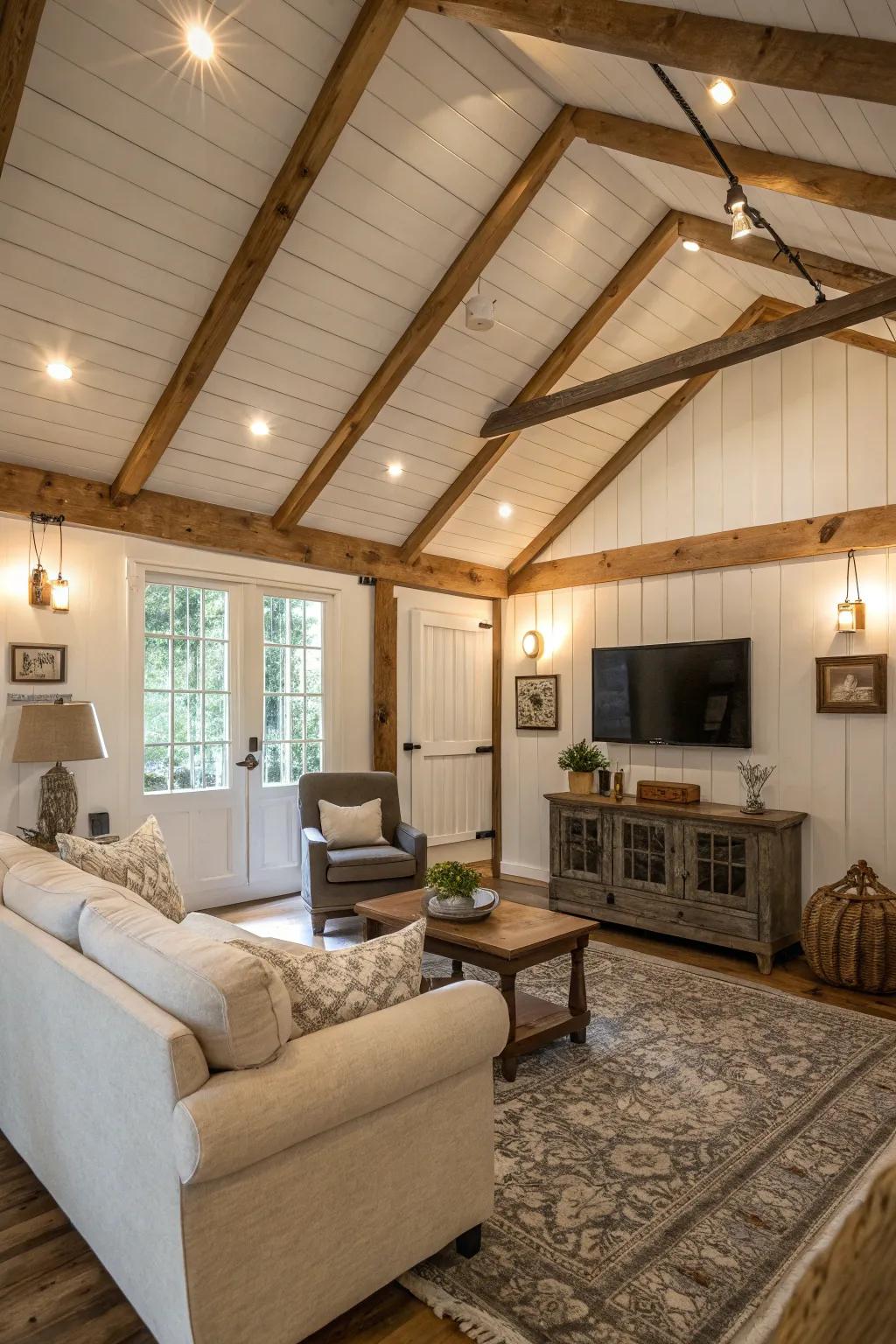Homespun charm with exposed rafters harmonizing with a shiplap ceiling.