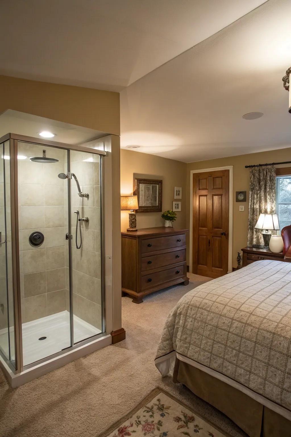 A space-conserving corner shower is placed into the corner of the bedroom.