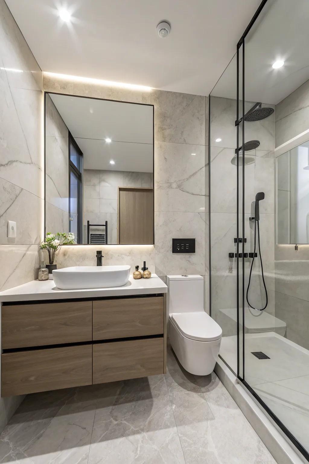 Simplicity provides purity and tranquility to compact bathroom spaces.