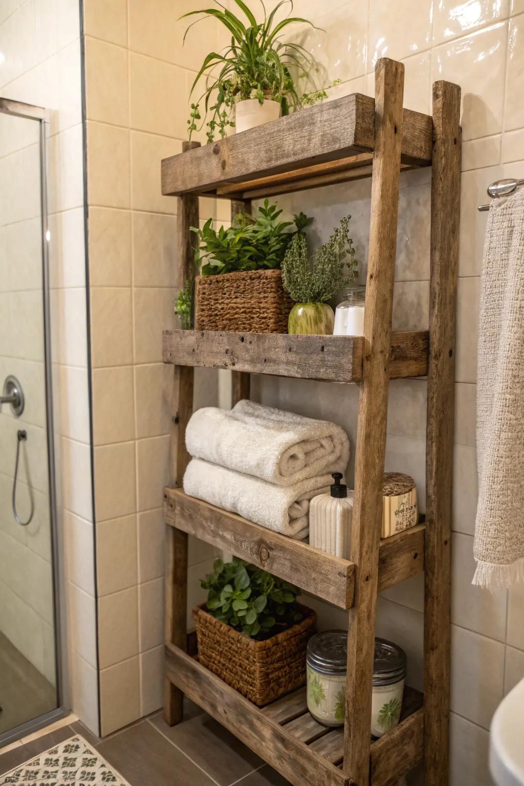 Rustic wooden shelves infuse your shower with charm and warmth.