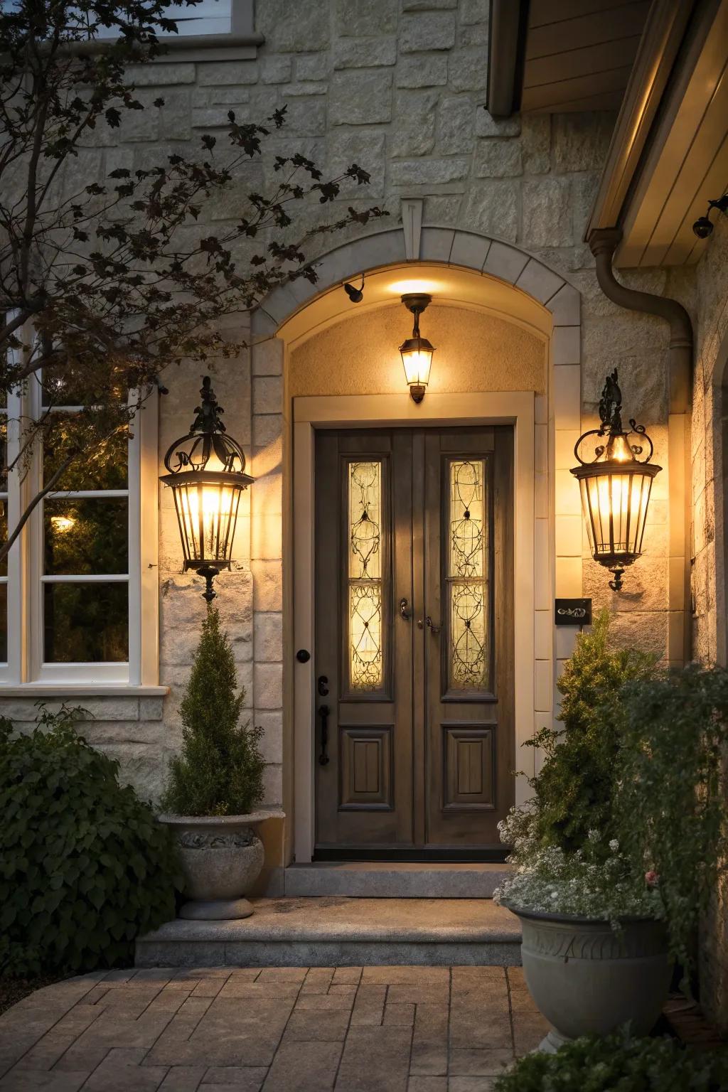 Sconces give off a warm welcome at this elegant entryway.