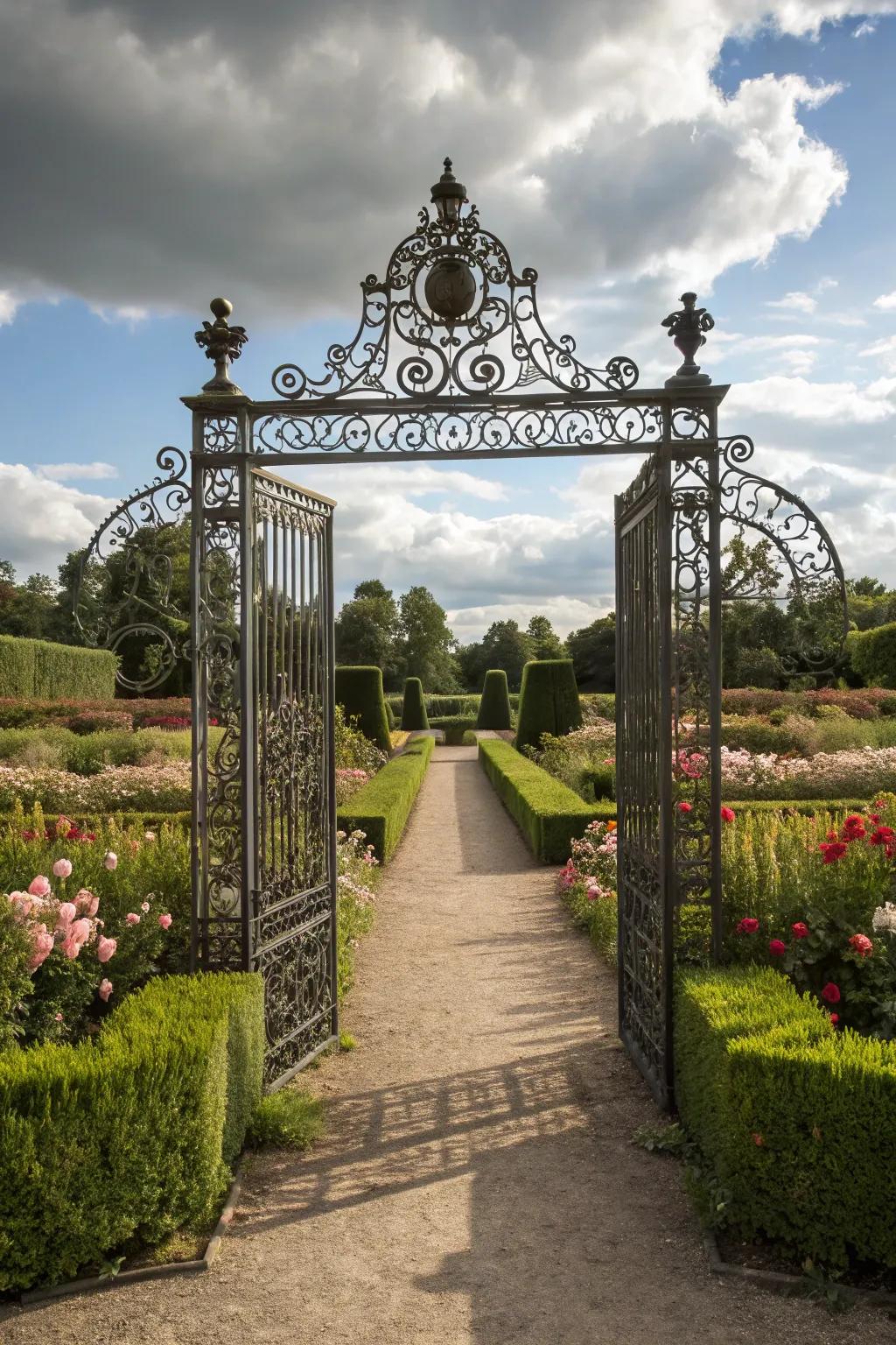 A finely worked metal gate, radiating timeless grandeur.