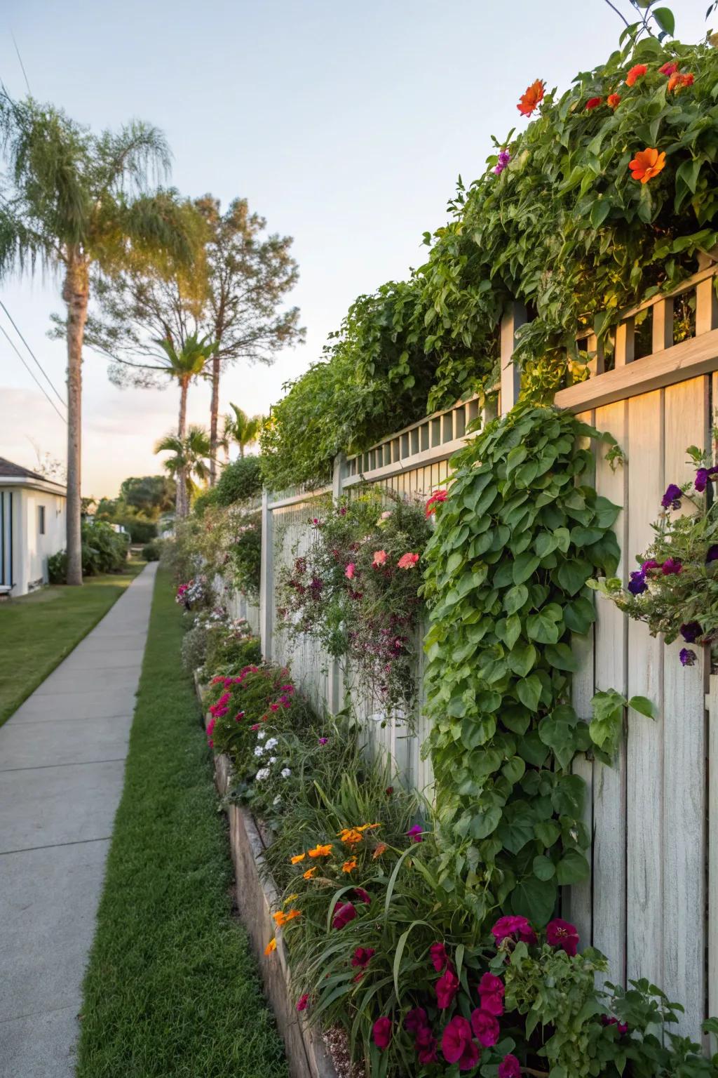 Vibrant side yard featuring a vertical garden fence.